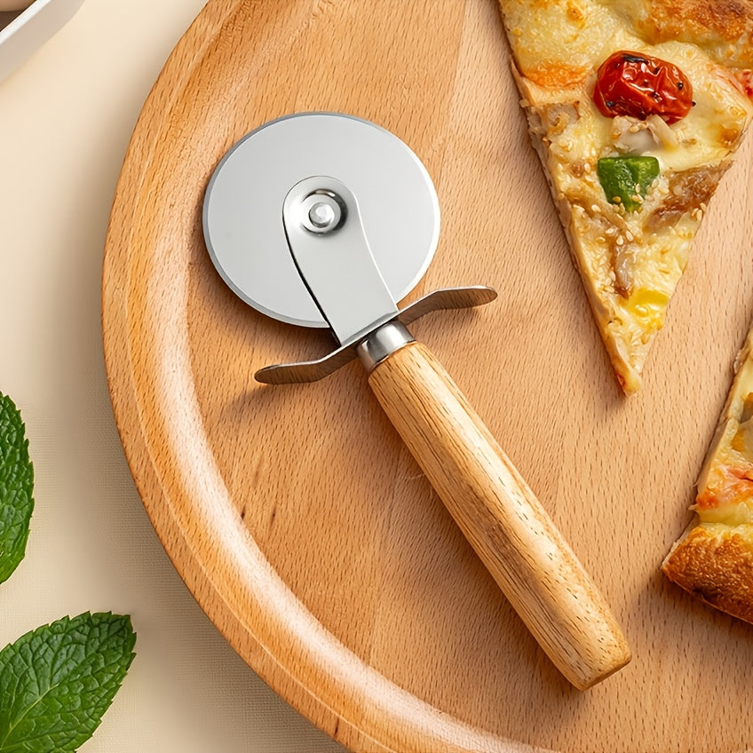 Stainless Steel Pizza Wheel Wooden Handle Single Roller Pizza Cutter