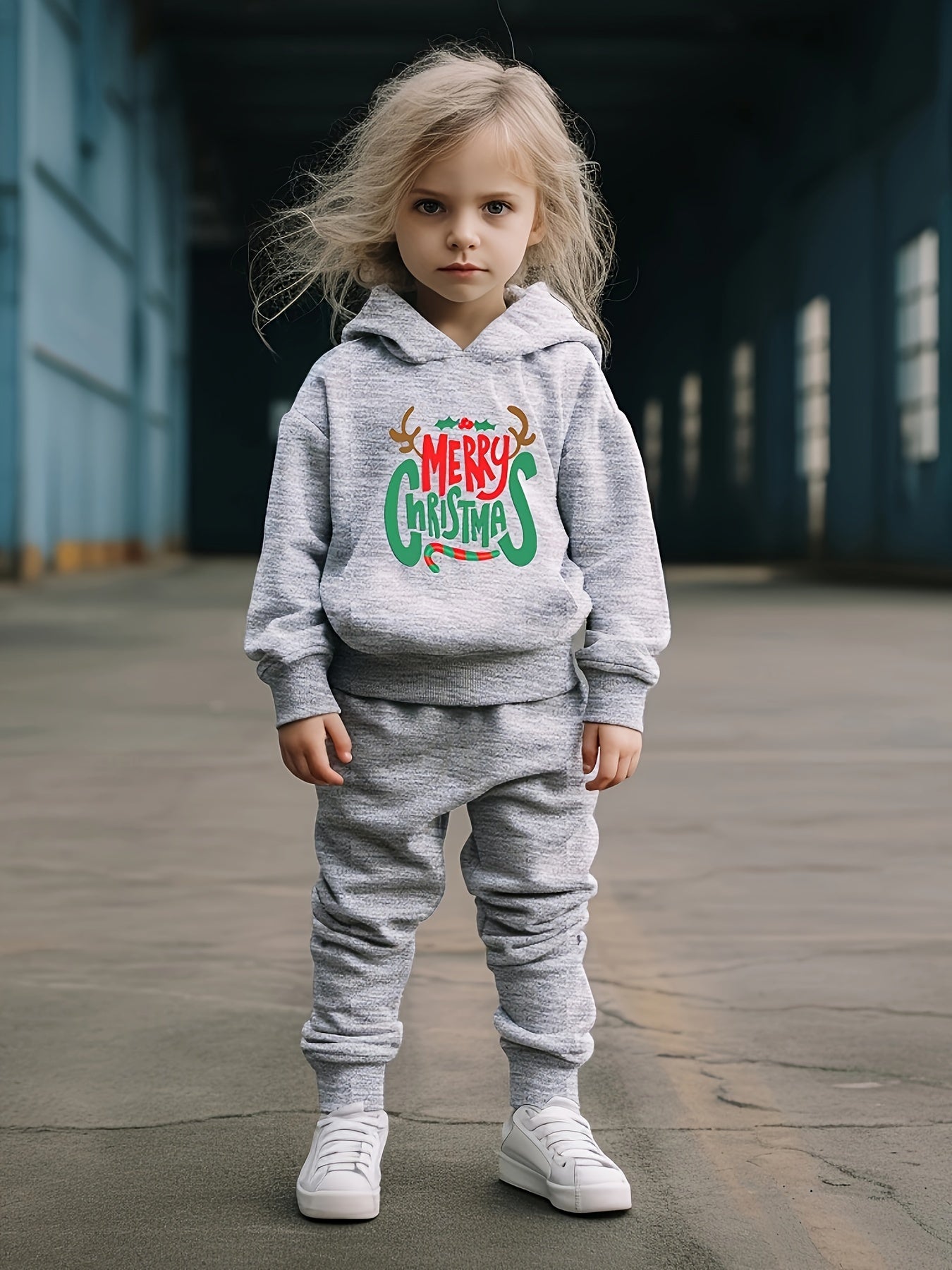 Girls 2pc Christmas Hooded Sweatshirt Pullover Solid Sweatpants Set