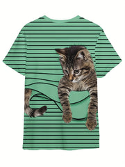 Kids Striped Kitty Graphic T-shirt - Summer Sports Clothes