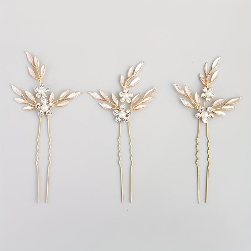 3pcs Rhinestone Flower & Leaf Hair Pin Bridal Wedding Accessory