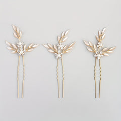 3pcs Rhinestone Flower & Leaf Hair Pin Bridal Wedding Accessory