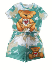 Bear Print 2pc Set Short Sleeve Tee & Shorts Outfit