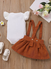 Baby Girl Causal Set Cotton Flying Sleeve Jumpsuit & Corduroy Suspender Skirt