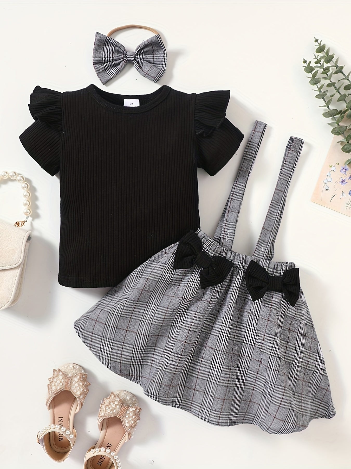 Toddler Girls Ribbed Knit T-shirt Top & Plaid Suspender Skirt