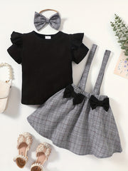 Toddler Girls Ribbed Knit T-shirt Top & Plaid Suspender Skirt