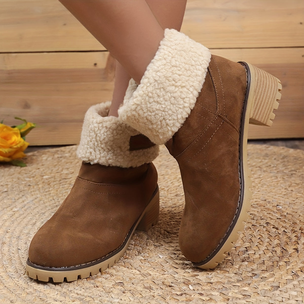 Women's Fuzzy Ankle Boots Chunky Heel Warm Velvet Fluffy Winter Shoes