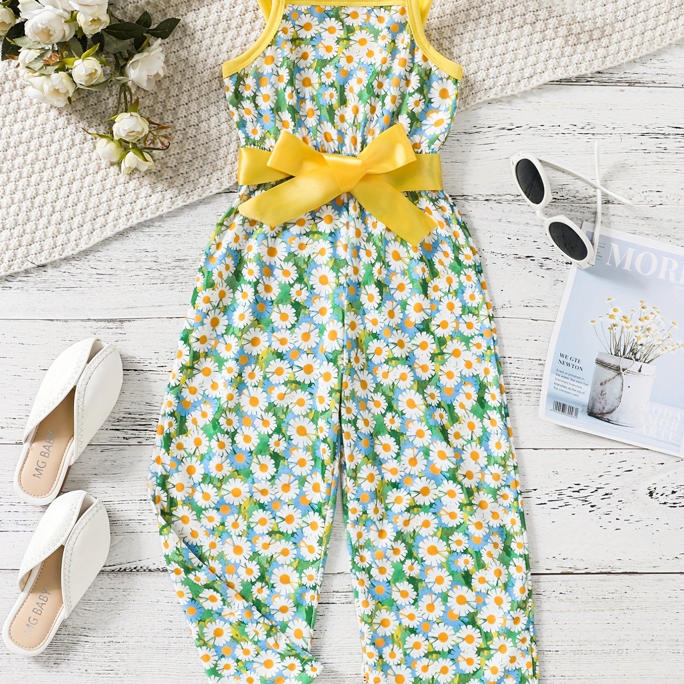 Toddler Girls Daisy Cami Rompers Wide Leg Jumpsuits For Beach Vacation