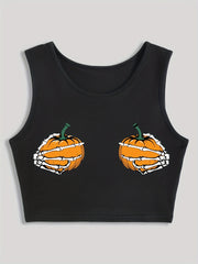 Pumpkin & Skull Hand Print Sleeveless Tank Top