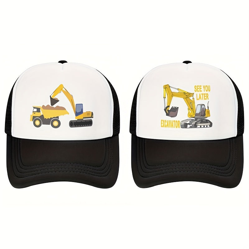 Boys Excavator Print Baseball Cap Sunscreen Mesh Trucker Hat