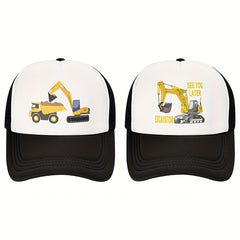Boys Excavator Print Baseball Cap Sunscreen Mesh Trucker Hat