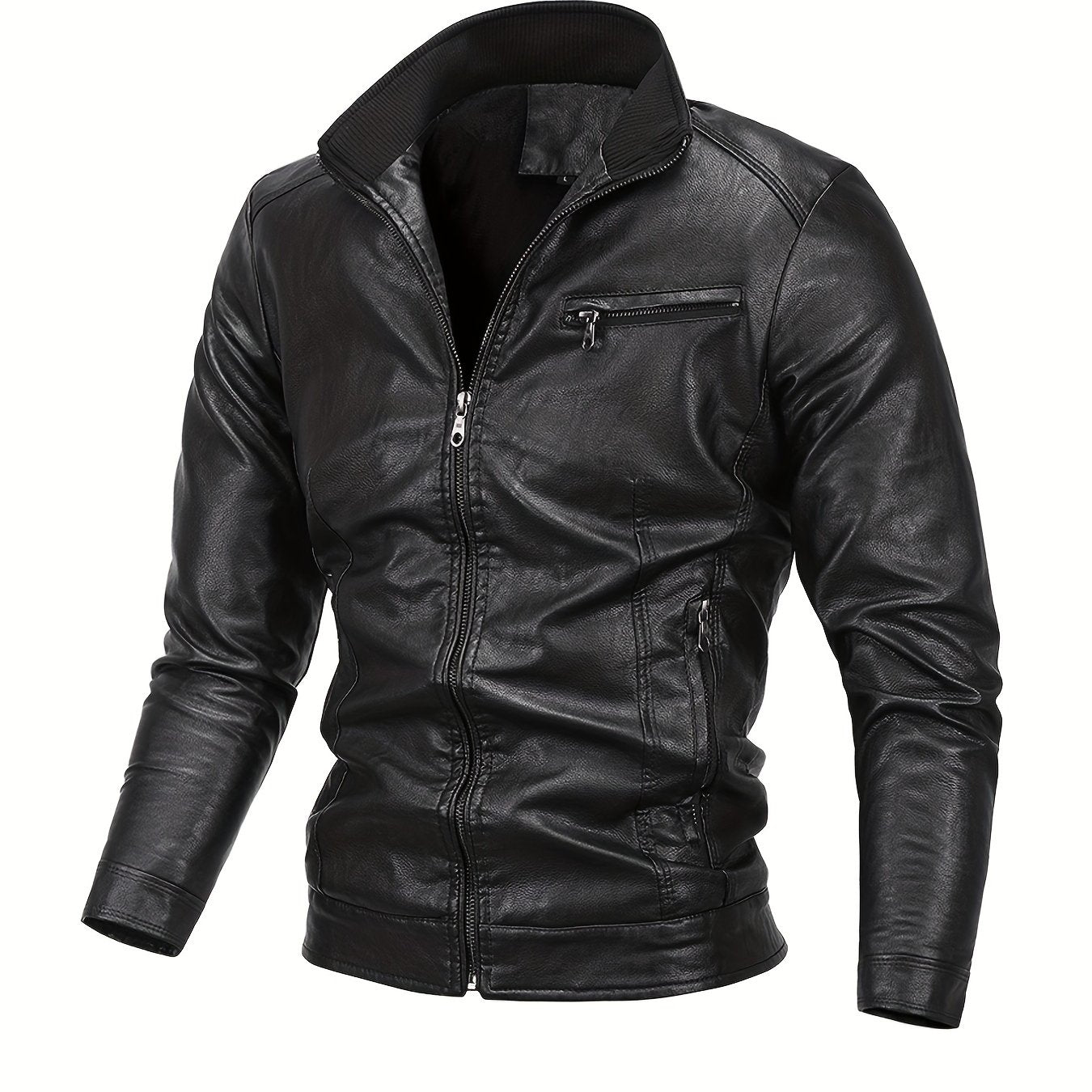 Men's Casual Stand Collar Faux Leather Jacket for Spring Fall