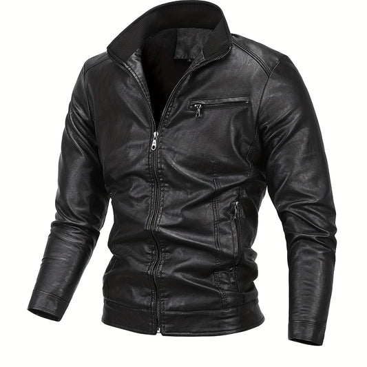 Men's Casual Stand Collar Faux Leather Jacket for Spring Fall