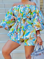 Leaves Print Off Shoulder Blouse & Shorts Set
