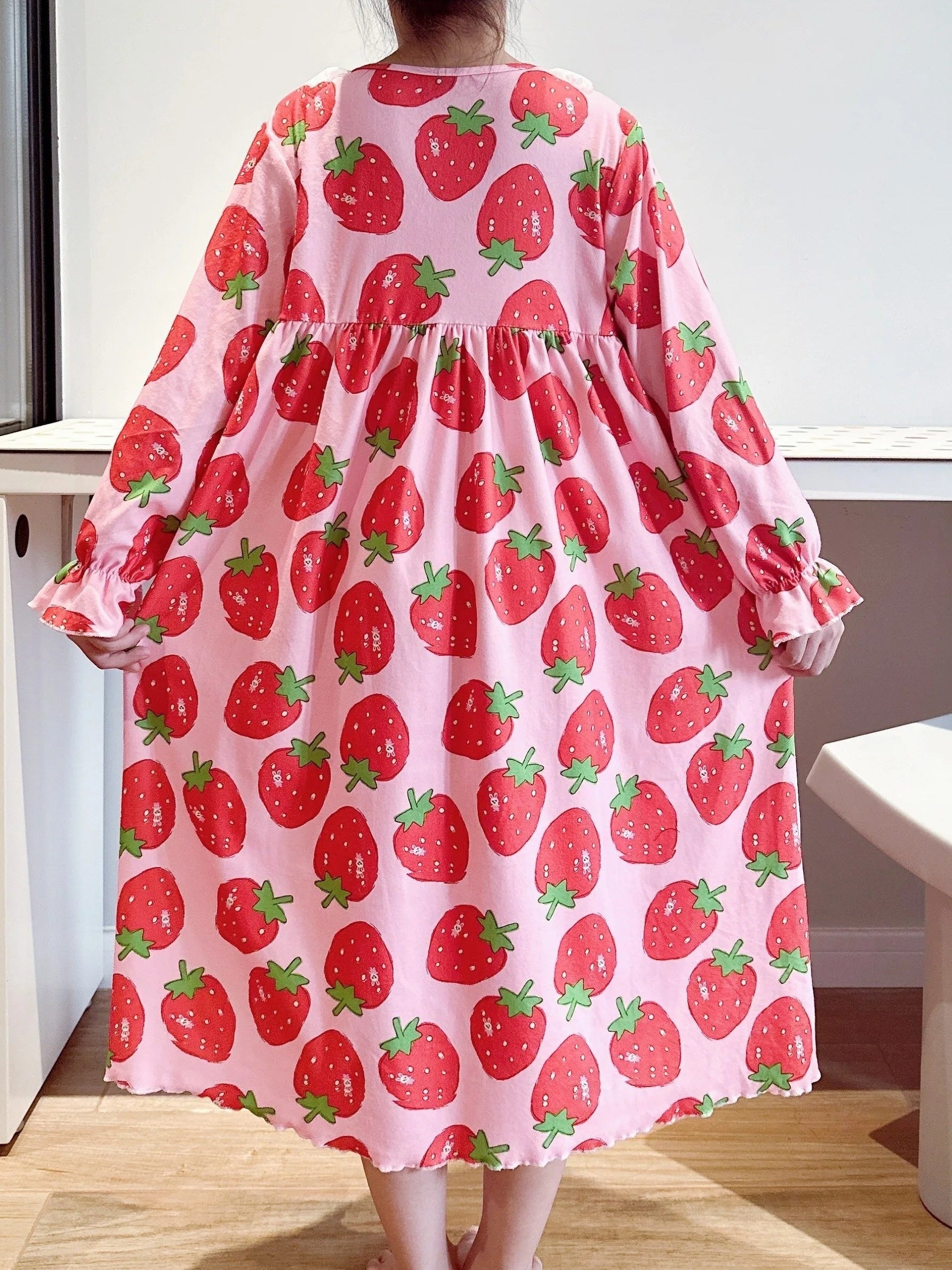 Girl's Floral Nightgown Letter Print Long Sleeve Lace Collar PJ