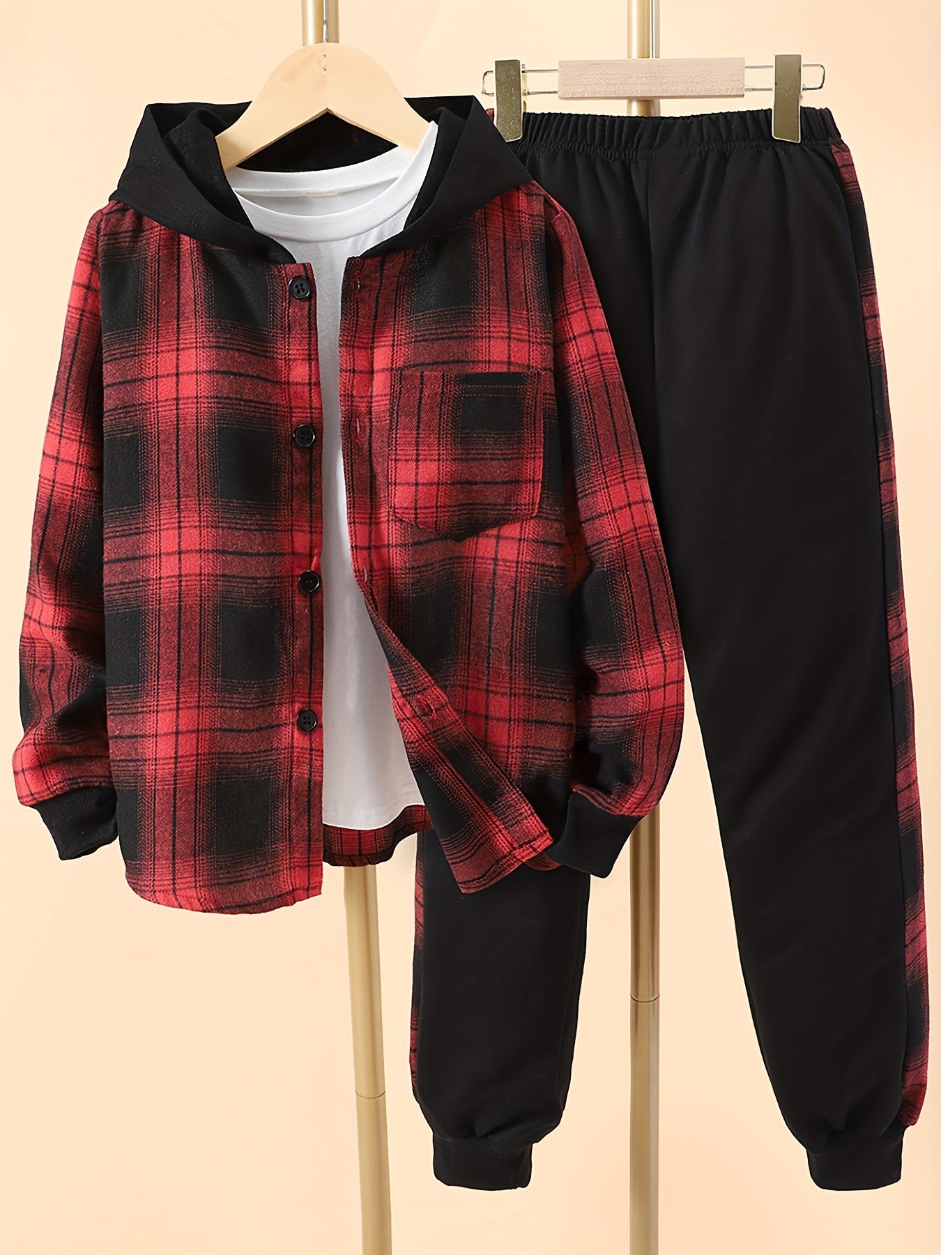 Boys 2pcs Hooded Shirt Top & Sweatpants Plaid Print Kids Clothes