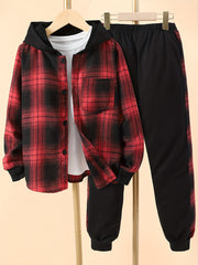 Boys 2pcs Hooded Shirt Top & Sweatpants Plaid Print Kids Clothes