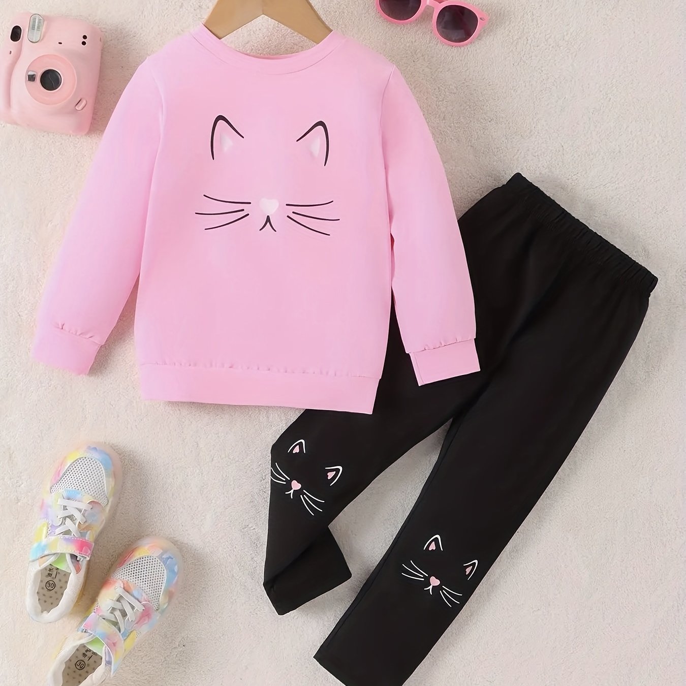 Girl's Cartoon Cat Print 2pcs Set Sweatshirt & Leggings