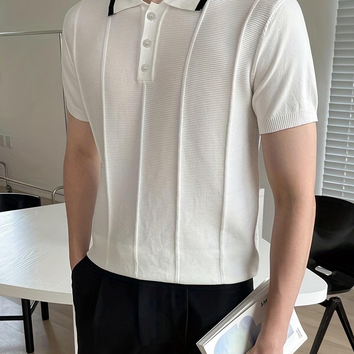 Knit Short Sleeve Polo V-Neck Button-Up Casual Top Men's Tee