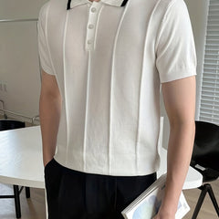Knit Short Sleeve Polo V-Neck Button-Up Casual Top Men's Tee