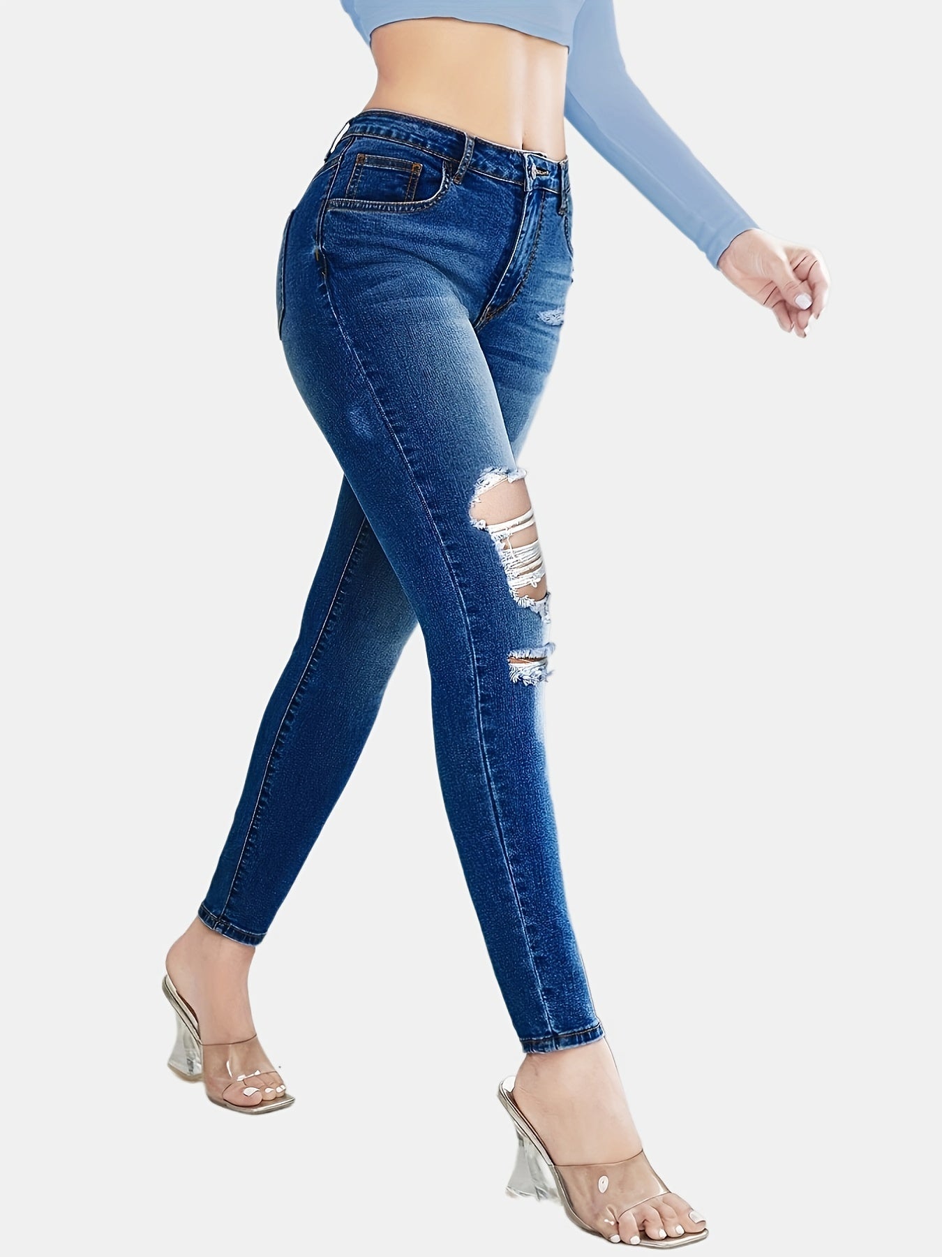 High Waist Skinny Jeans Slim Fit Distressed Denim Pants