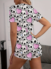 Skull Print Pajama Romper Short Sleeve V Neck Buttons Pajamas