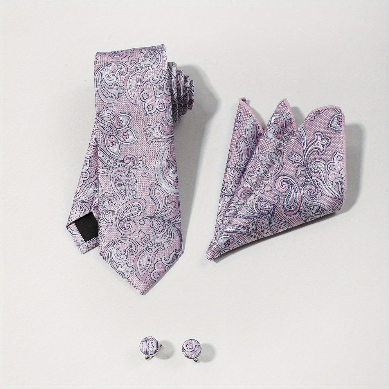 Purple Paisley Jacquard Tie Set & Lapel Pin Brooch & Handkerchief