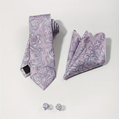 Purple Paisley Jacquard Tie Set & Lapel Pin Brooch & Handkerchief