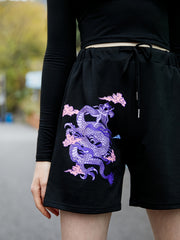 Chinese Dragon Print Drawstring Shorts for Women
