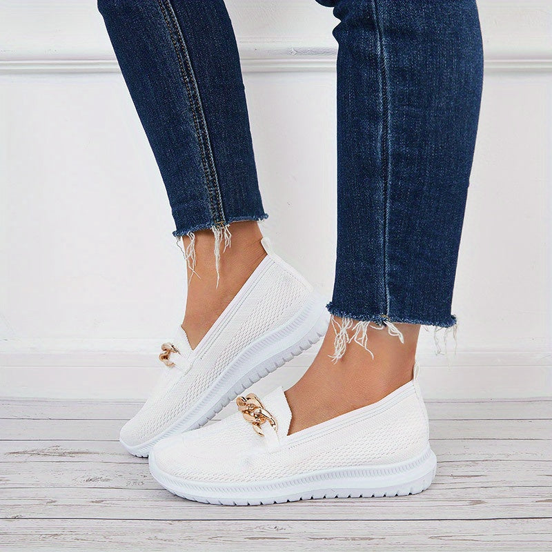 Women's Knitted Sock Sneakers Metallic Chain Slip On Low Top Flat Shoes