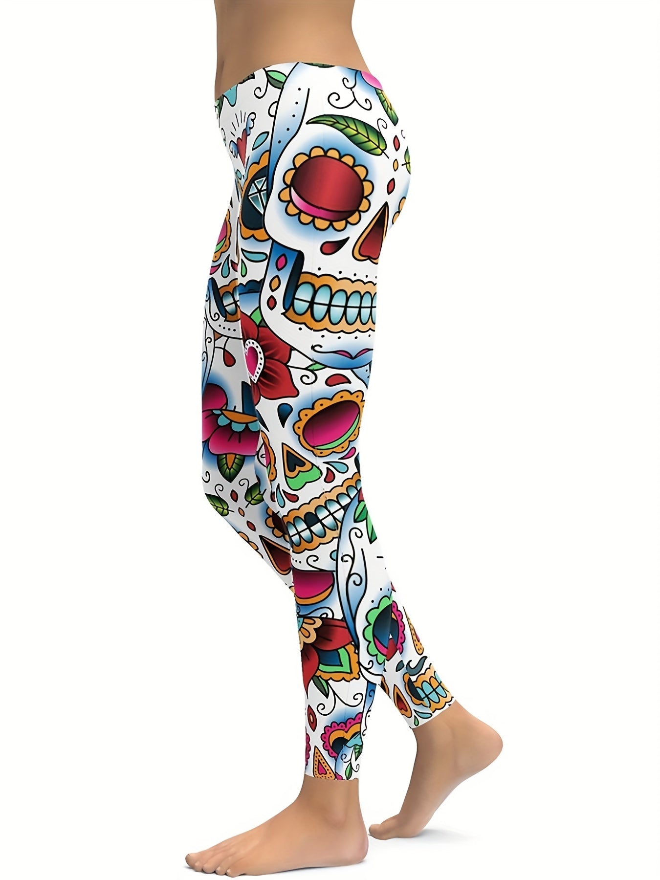 Skull & Flower Print Yoga Sports Pants Halloween Fitness Leggings