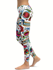Skull & Flower Print Yoga Sports Pants Halloween Fitness Leggings