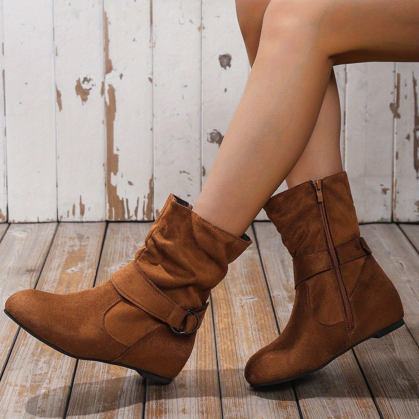 Women's Buckle Slouch Short Boots Round Toe Ankle Boots