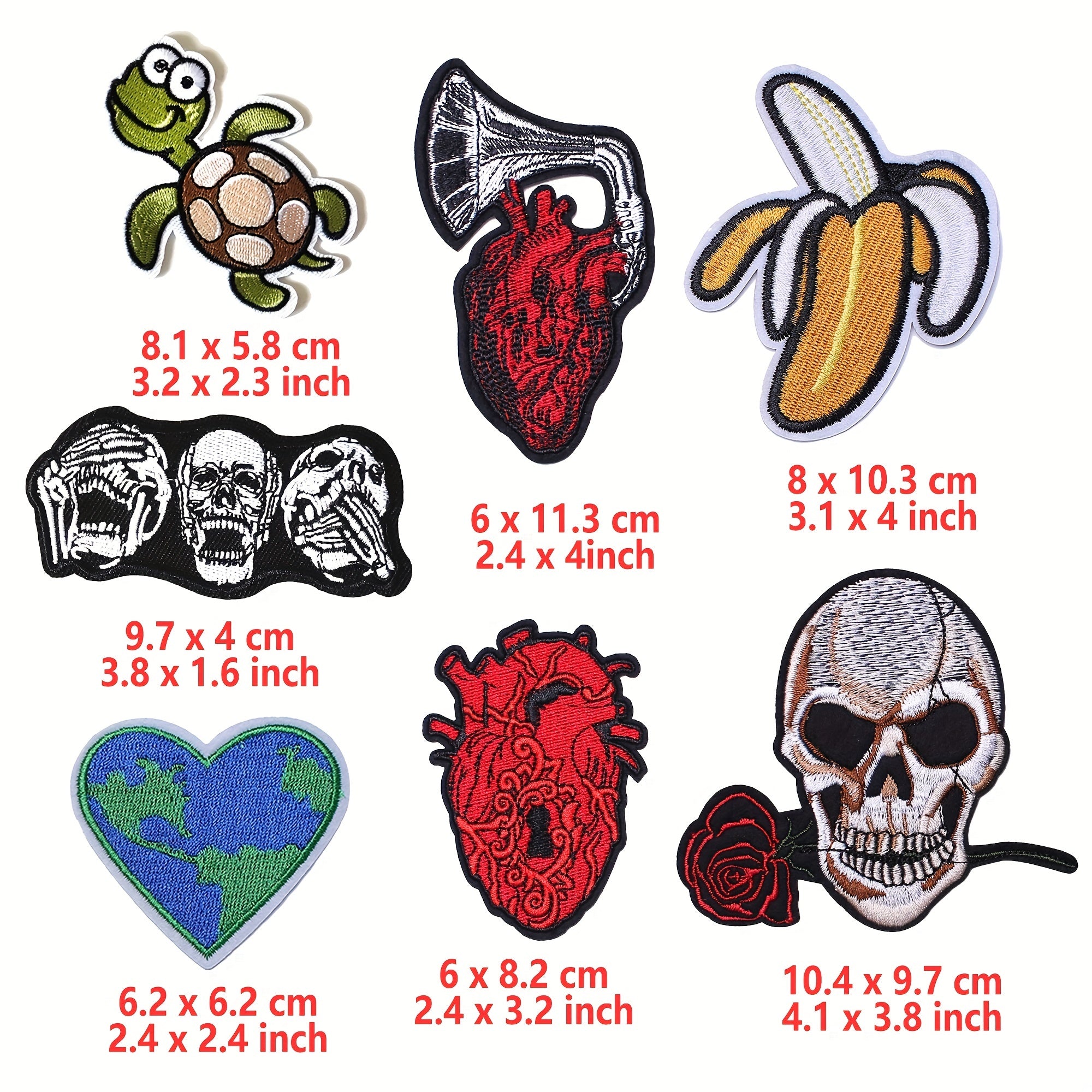 JCarp 5PCS Iron On 3D Patches Beating Heart Skulls and Rose Earth Turtle