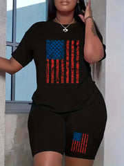 Women's Plus Flag Print Crew Neck Top & Shorts Two Piece Set