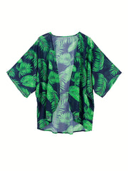 Leaf Print V Neck Loose Fit Beachwear Cover Up Blouse