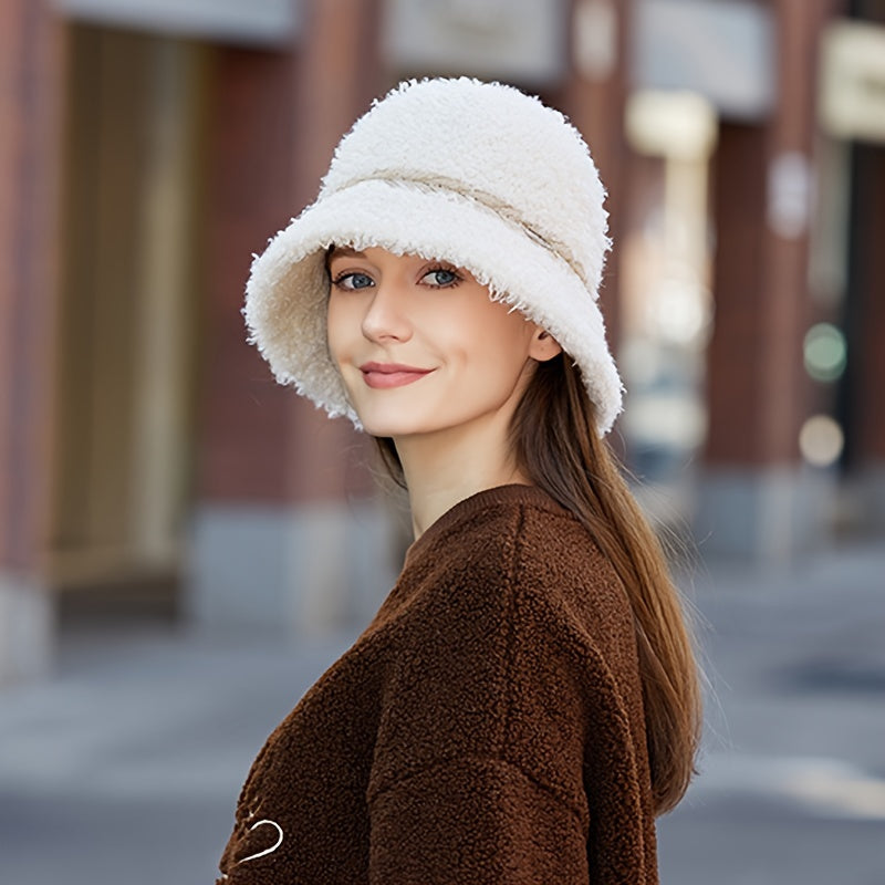 Faux Fur Bucket Hat Winter Thick Furry Fisherman Hat for Women
