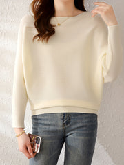 Solid Batwing Sleeve Knit Sweater Boat Neck Casual Sweater