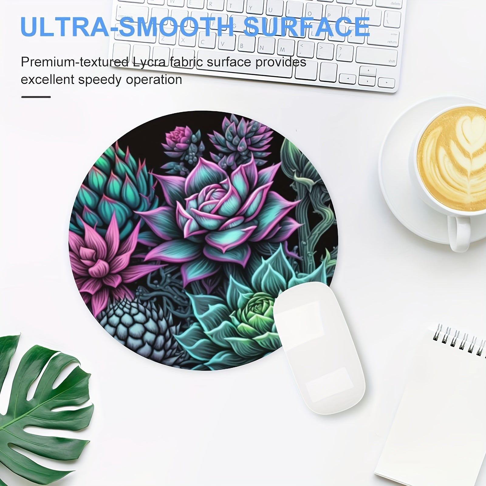 Stylish Succulent Plant Round Mouse Pad Non Slip Rubber Base Small Size