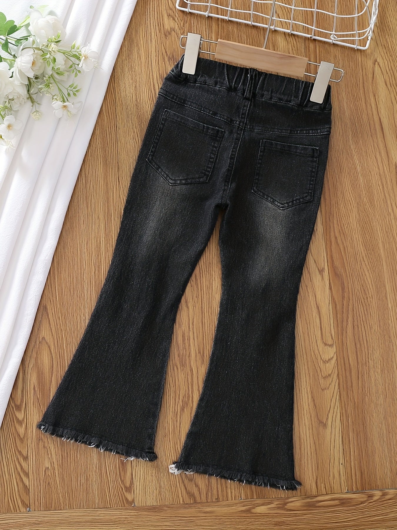 Girls Denim Flared Leg Pants Kids Stretch Skinny Trousers Zipper Casual Pants