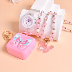 Girls Butterfly & Floral Quartz Watch Silicone Bracelet Set