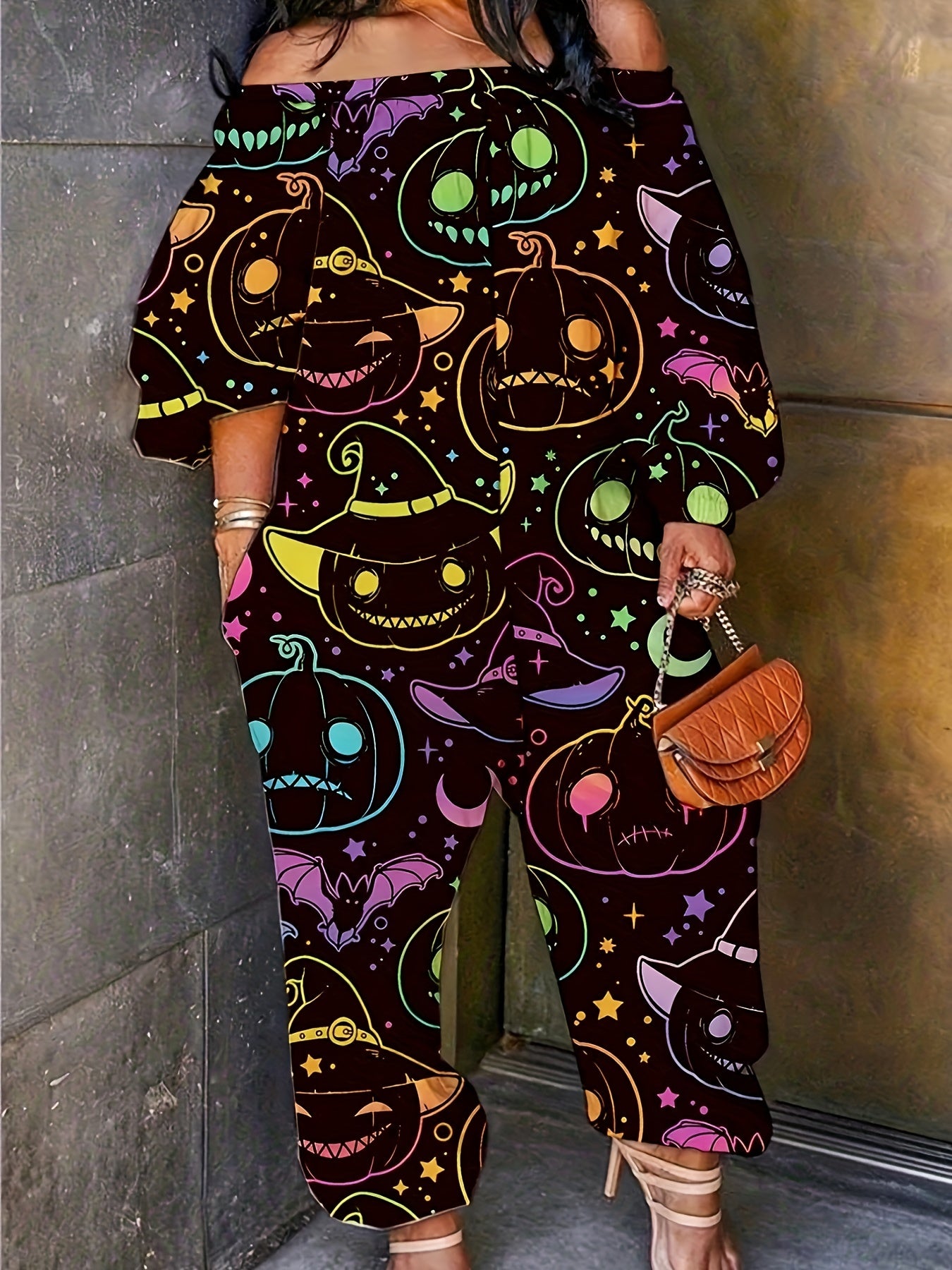 Halloween Jumpsuit Witch Pumpkin Print Off Shoulder Wide Leg Jumpsuit