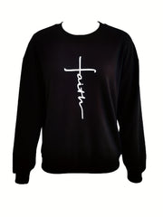 Faith Print Pullover Sweatshirt Long Sleeve Crew Neck Sweatshirt