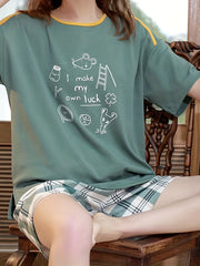 Cartoon Print Lounge Set & Plaid Shorts Women's Loungewear
