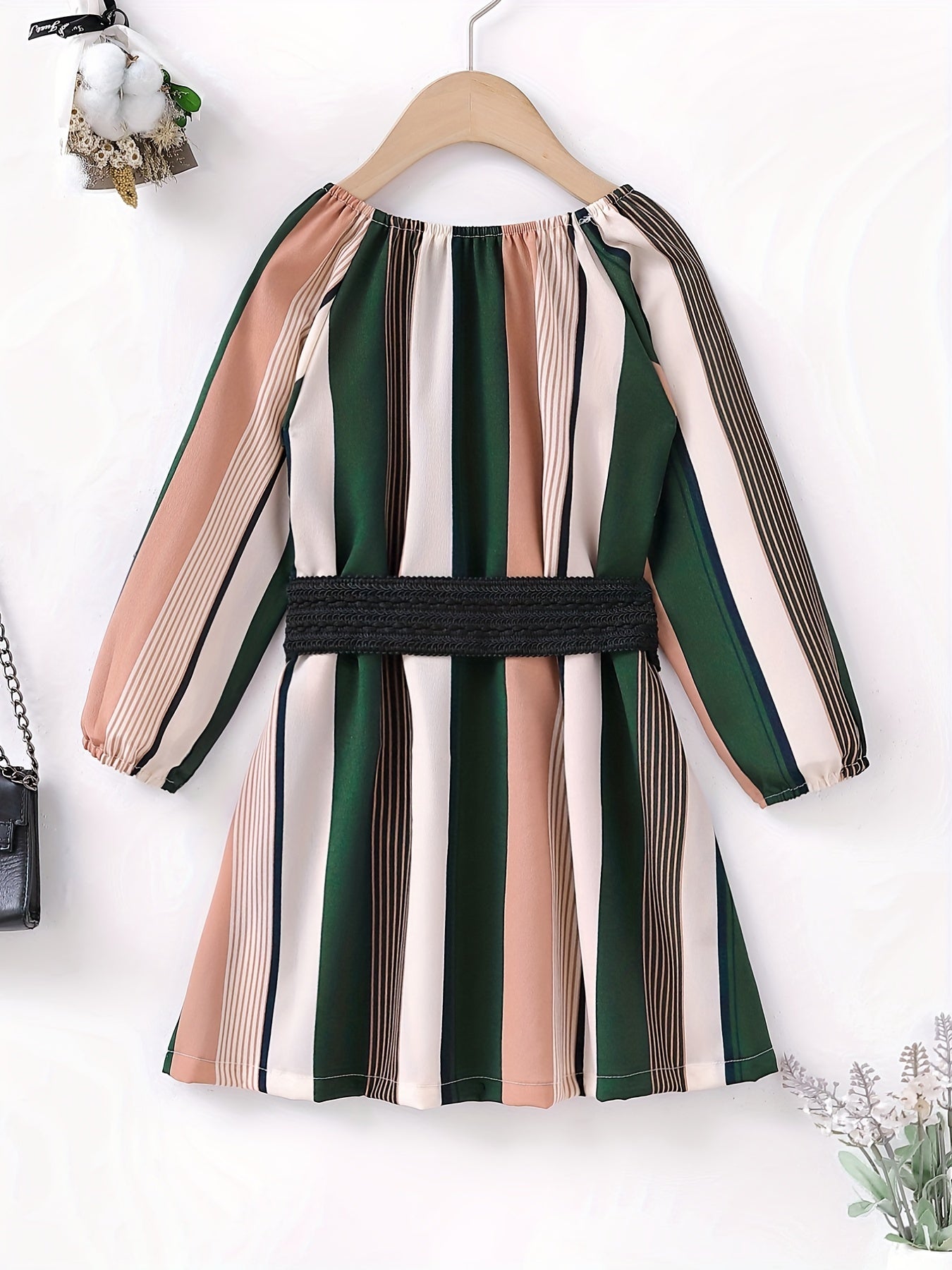 Retro Stripe Print Long Sleeve Dress With Belt