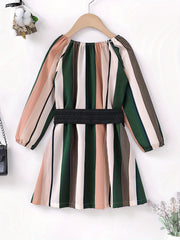Retro Stripe Print Long Sleeve Dress With Belt