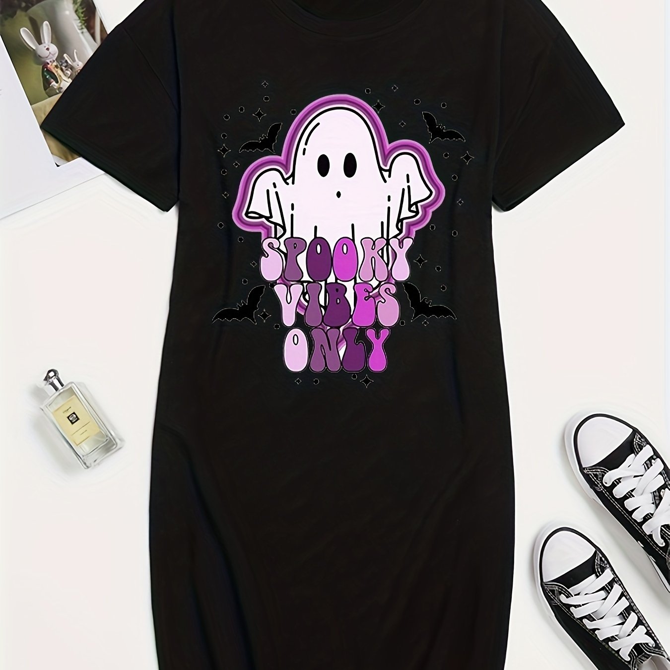 Women's Plus Ghost & Art Letter Print Short Sleeve Round Neck Tee Dress