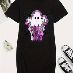 Women's Plus Ghost & Art Letter Print Short Sleeve Round Neck Tee Dress
