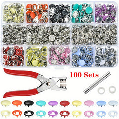100pcs Mixed Metal Sewing Buttons Kit with Fasteners Plier Tool Kit