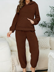 Women's Solid Flannel Pajama Set Hooded Top & Pants