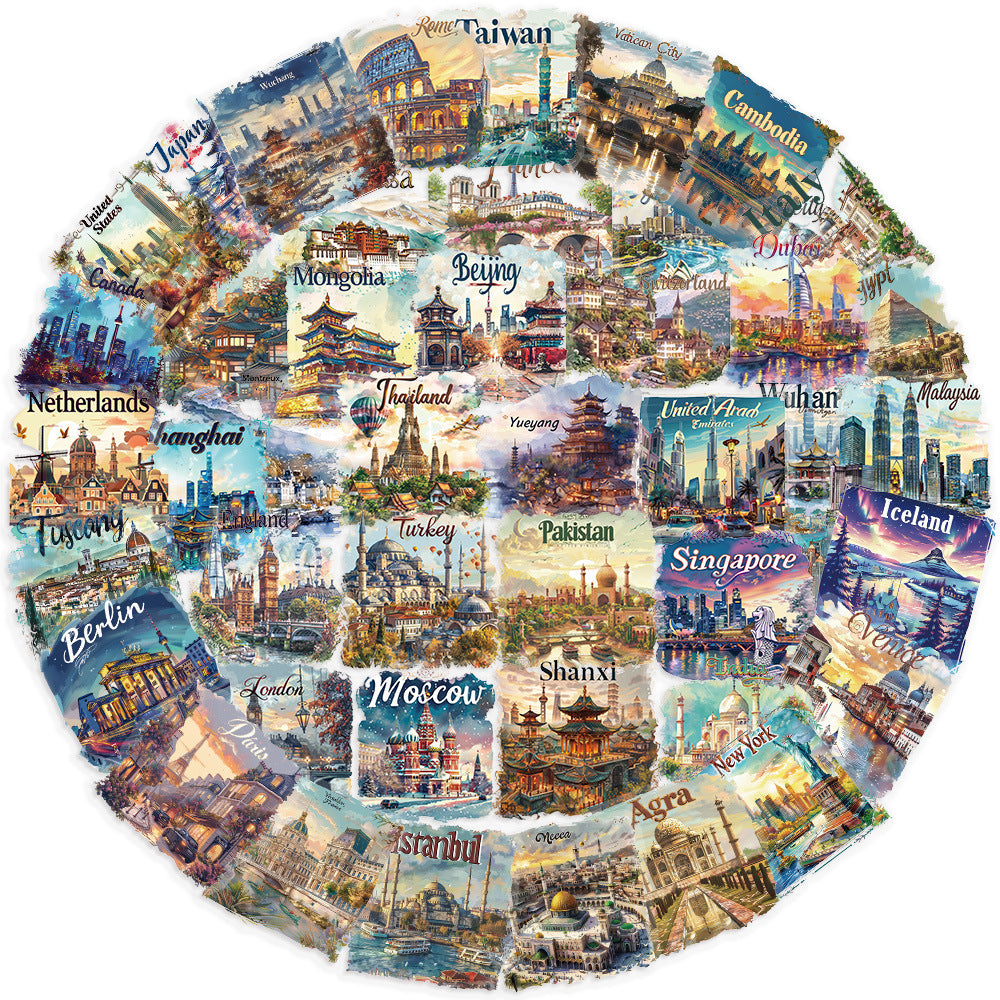 50pcs Cartoon City Building Stickers Waterproof PET Self Adhesive Decals